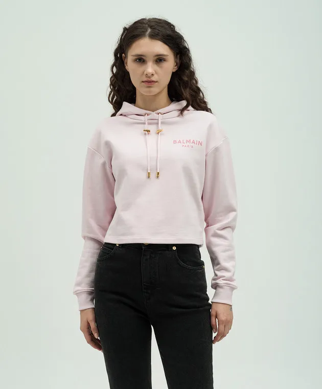 Balmain Felpa rosa con cappuccio con logo testurizzato DF1JP040BB01