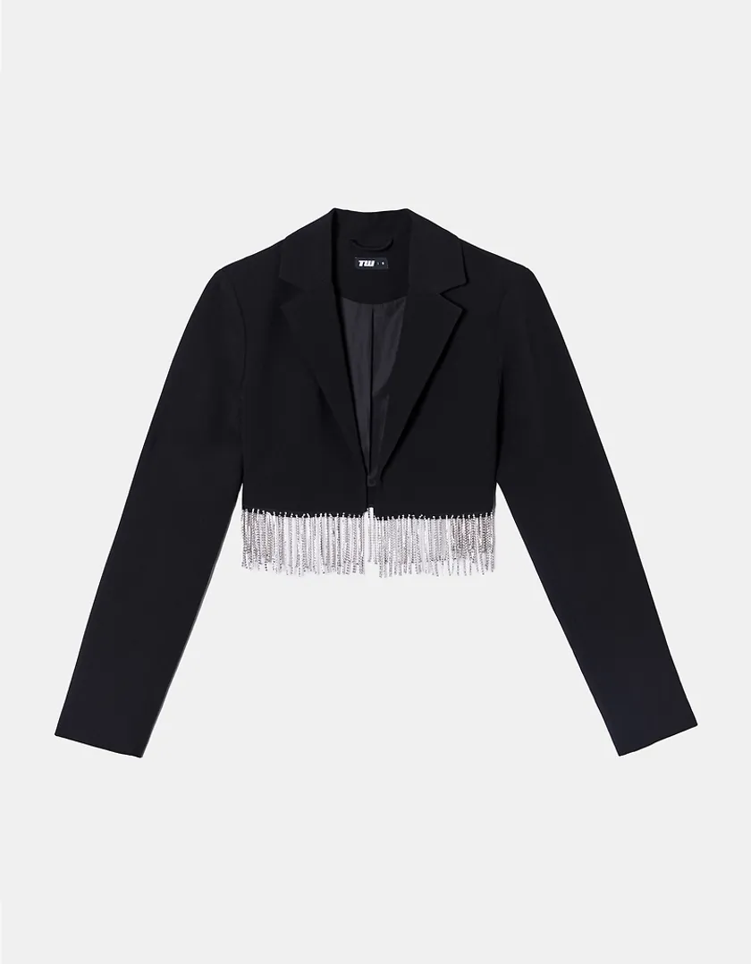 Blazer nero corto con cascata di strass  