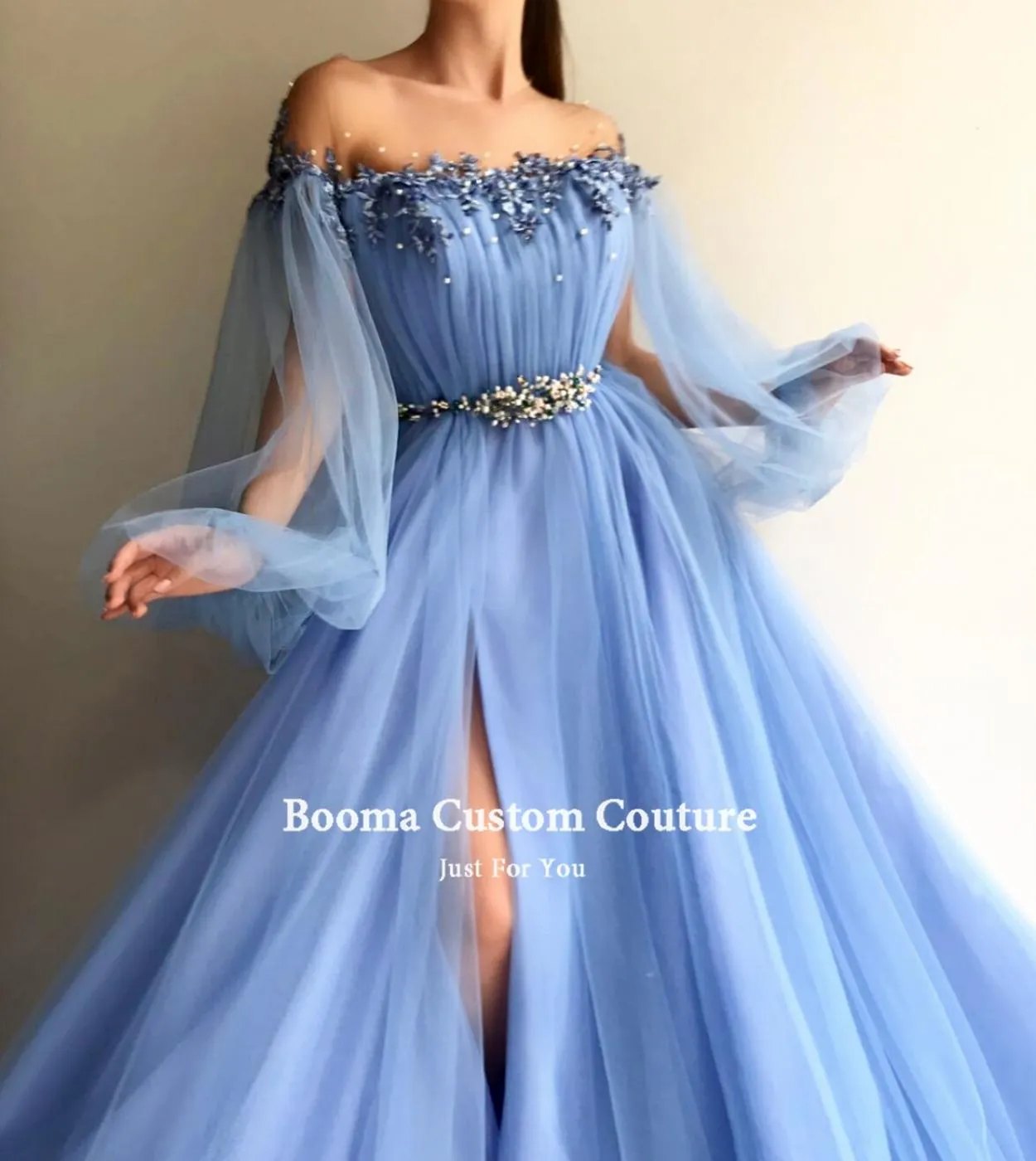 Booma Blue Long Sleeves Evening Dresses Appliques Pearls High Slit Prom Gowns With Belt Aline Tulle Wedding Party Dresse