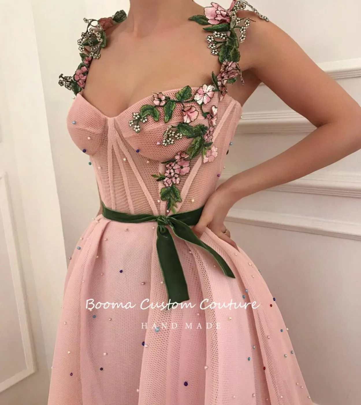 Booma Pink Mesh Net Tulle Prom Dresses Sweetheart Appliqued Straps Pearls Prom Gowns Ribbon Belt Aline Formal Evening Go