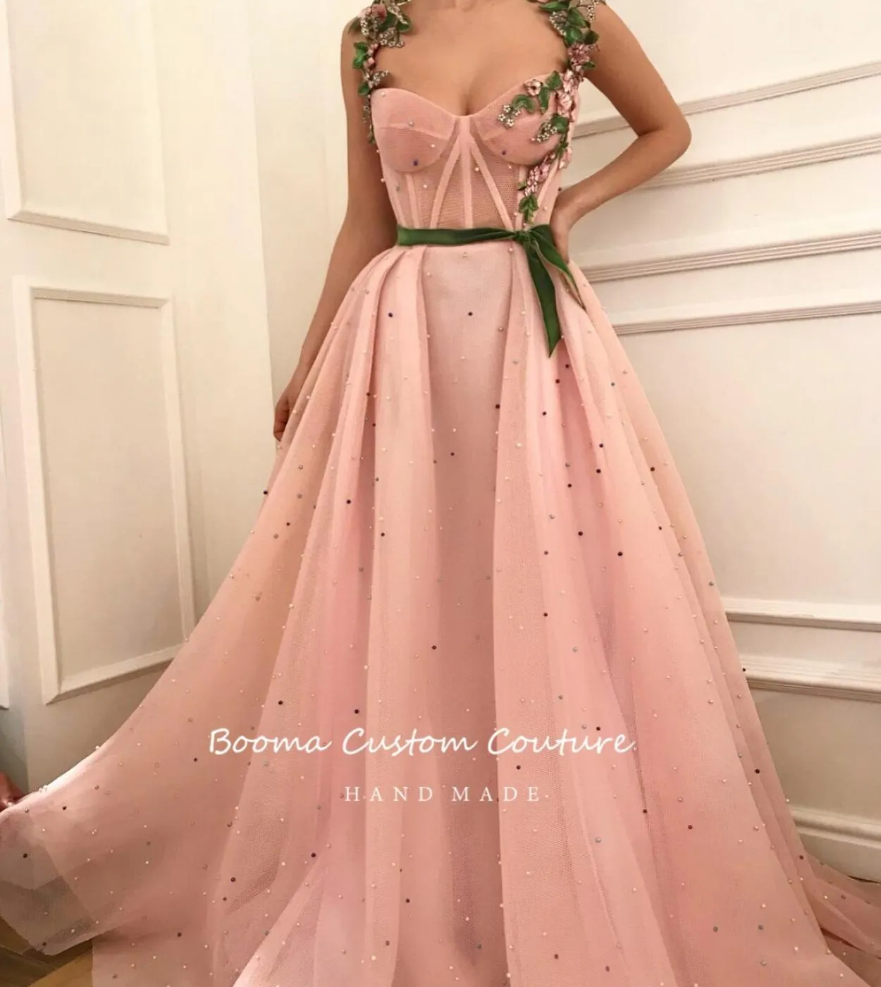 Booma Pink Mesh Net Tulle Prom Dresses Sweetheart Appliqued Straps Pearls Prom Gowns Ribbon Belt Aline Formal Evening Go