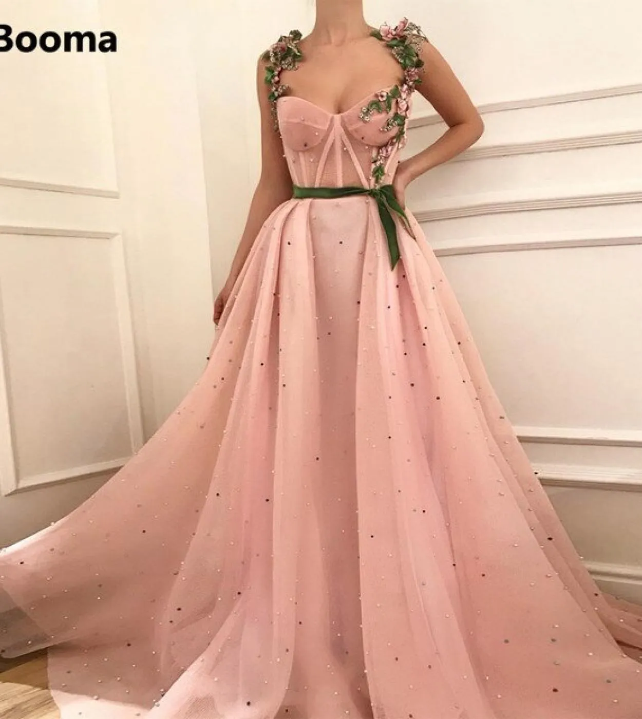 Booma Pink Mesh Net Tulle Prom Dresses Sweetheart Appliqued Straps Pearls Prom Gowns Ribbon Belt Aline Formal Evening Go