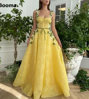 Booma Yellow Lace Aline Prom Dresses Spaghetti Straps Appliques Pleated Formal Party Dresses Ribbon Belt Open Back Prom