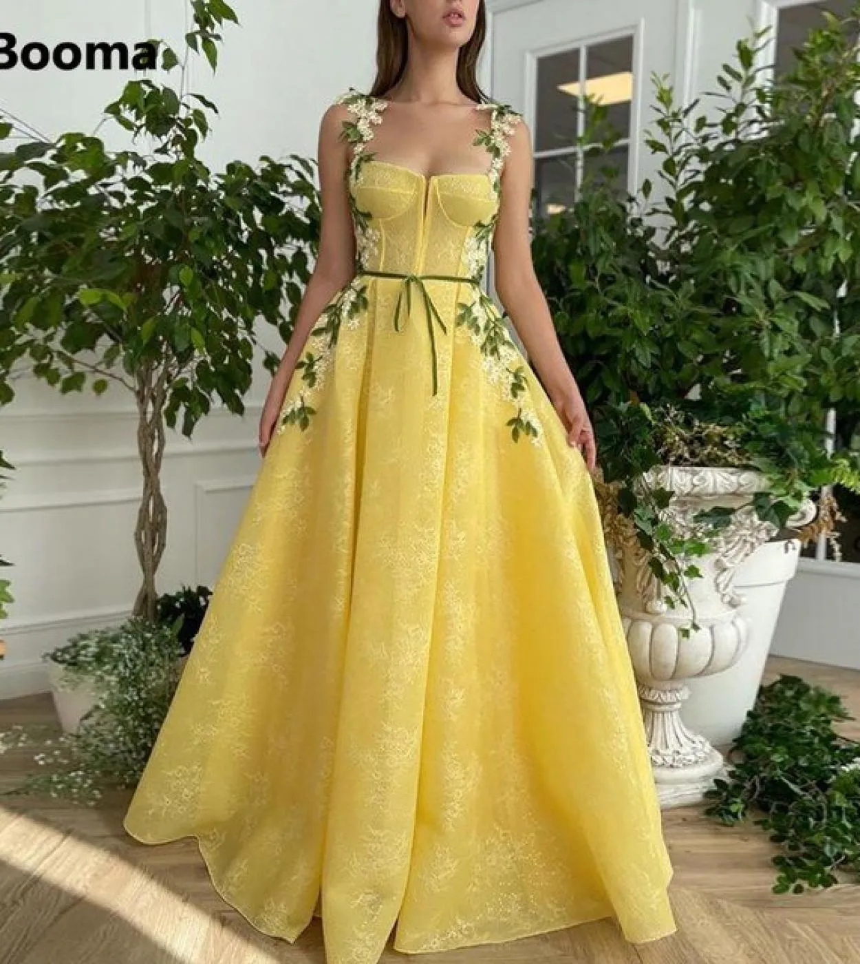 Booma Yellow Lace Aline Prom Dresses Spaghetti Straps Appliques Pleated Formal Party Dresses Ribbon Belt Open Back Prom