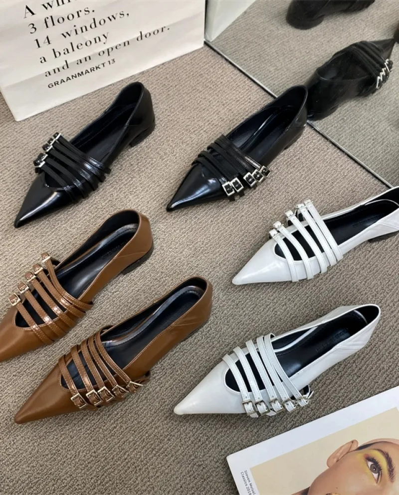 Fashionable Point-toe Shoes, Retro Niche Belt Buckle Stiletto Shoes, Women's Fashionable And Versatile Cat-heel Low-heel