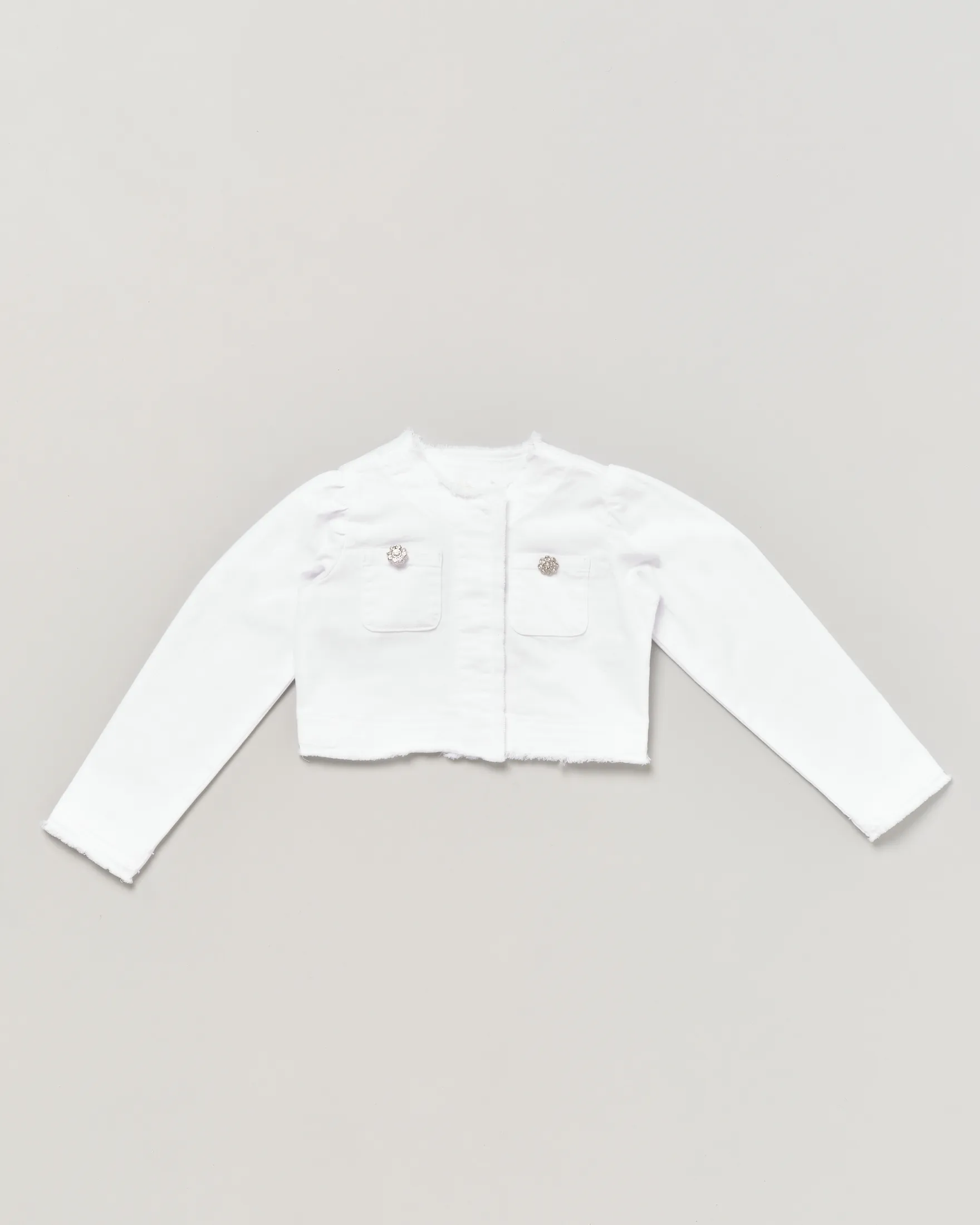 Giubbino bianco cropped in bull di cotone stretch sfrangiato con bottoni gioiello 3-7 anni