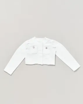 Giubbino bianco cropped in bull di cotone stretch sfrangiato con bottoni gioiello 3-7 anni