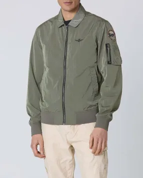 Giubbino bomber verde militare in tessuto crinkle con ricamo aquila turrita