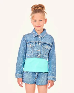 Giubbino cropped in denim a lavaggio medio in cotone con strass e rotture 10-16 anni