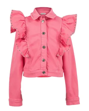 Giubbino cropped in denim di cotone stretch rosa con maxi volants e borchie 10-14 anni