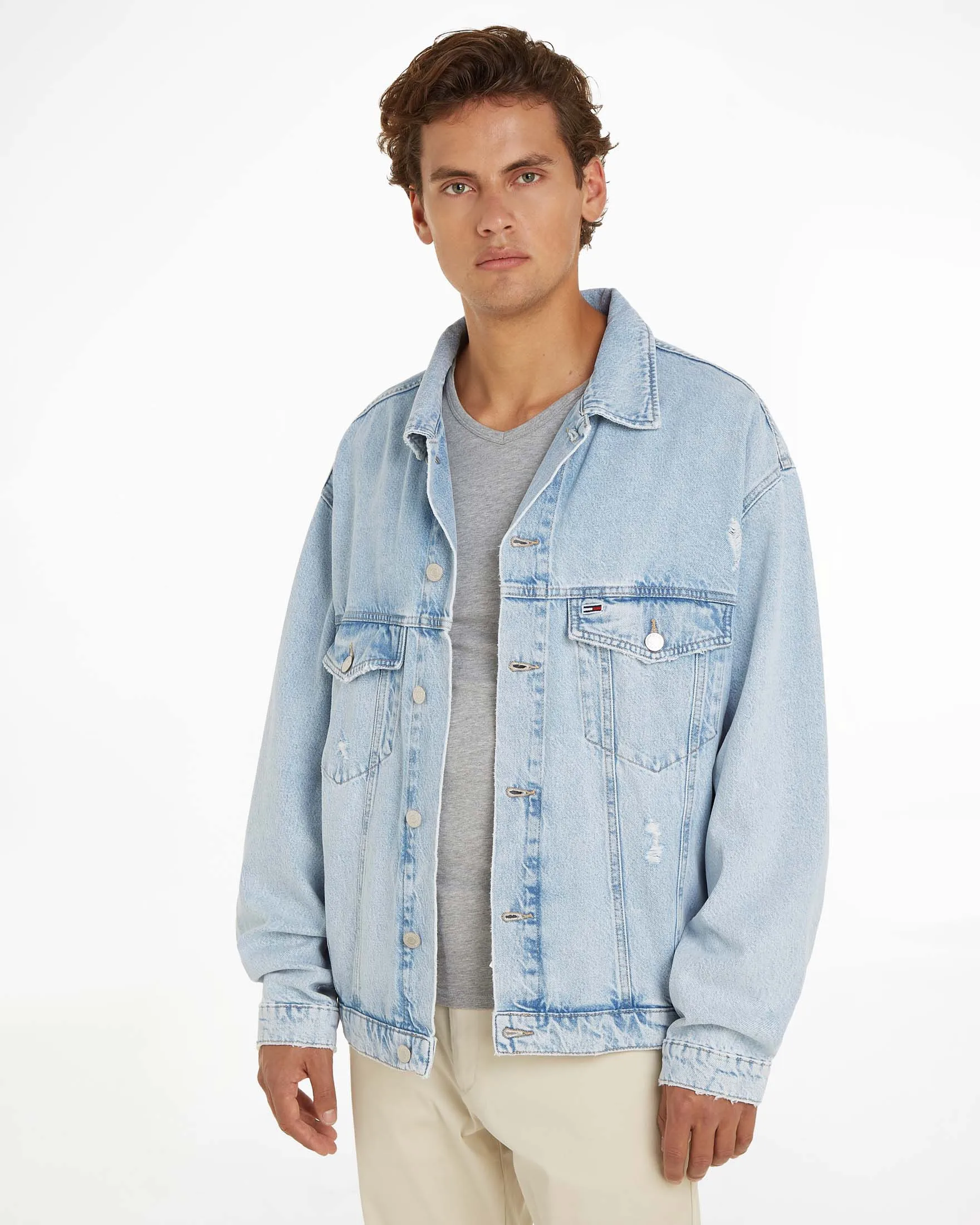 Giubbino in denim di puro cotone lavaggio bleach