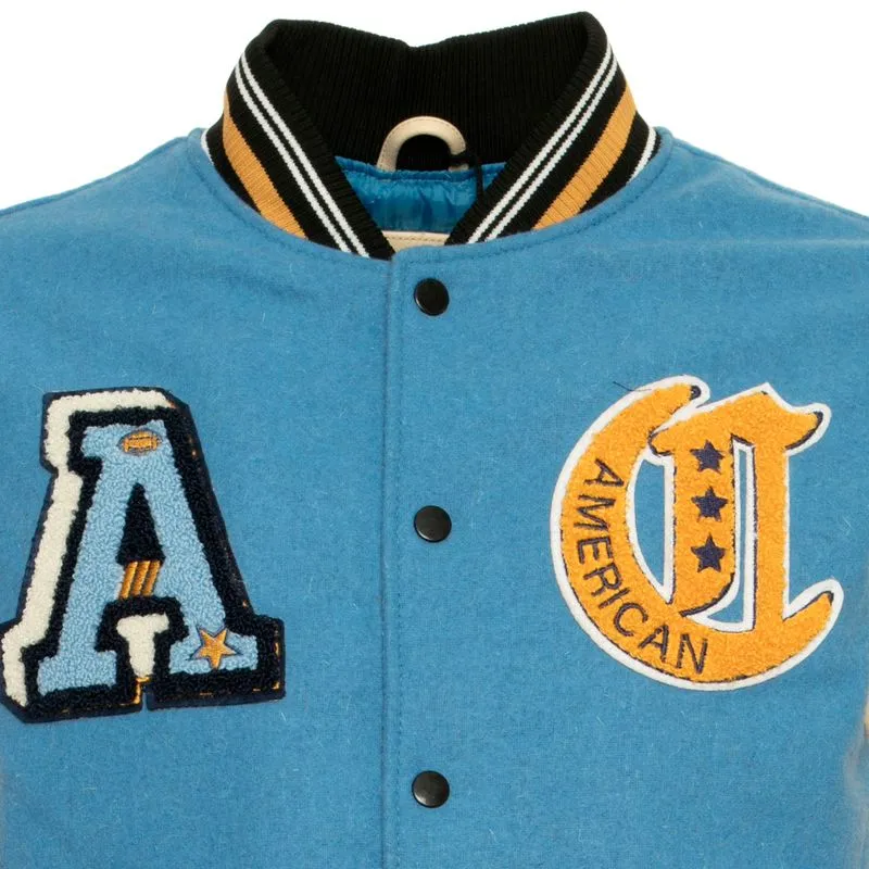 Giubbotto azzurro con patch all over in stile college 