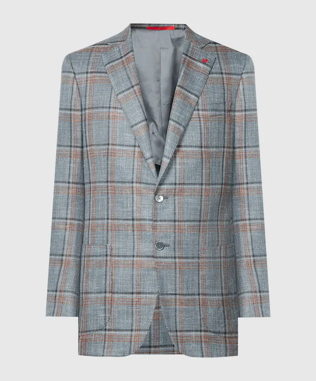 ISAIA Blazer grigio in lana, seta e lino a quadri 521GSI97594