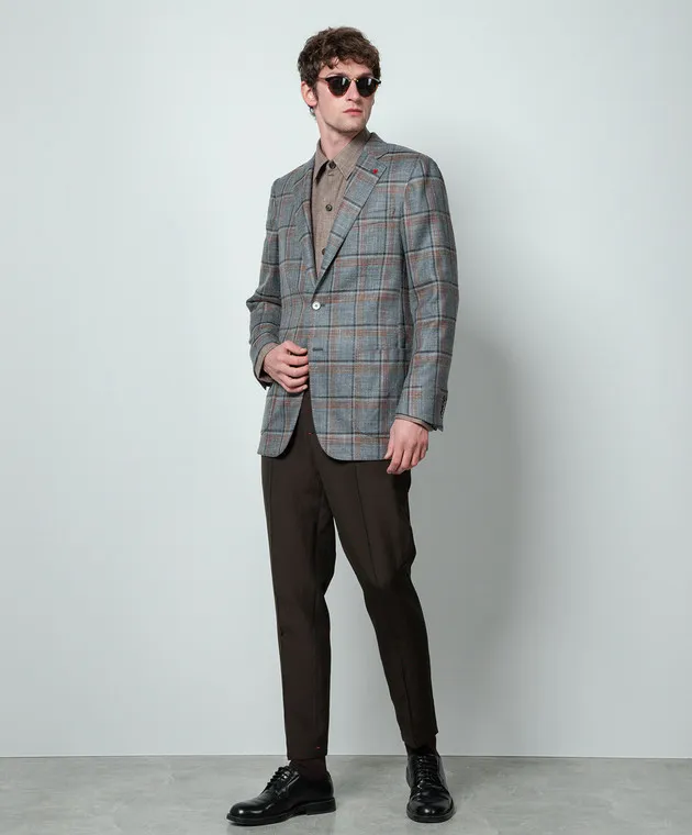 ISAIA Blazer grigio in lana, seta e lino a quadri 521GSI97594