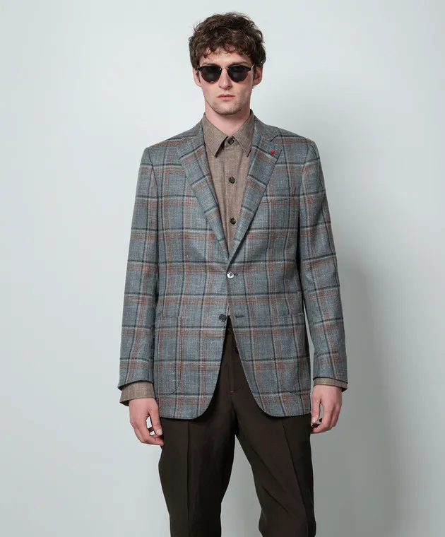 ISAIA Blazer grigio in lana, seta e lino a quadri 521GSI97594