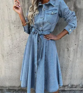 New Autumn Fashion Lapel Denim Long Dress Lady High Waist With Belt Dress Women Elegant Solid Single Breasted Pocket Dre