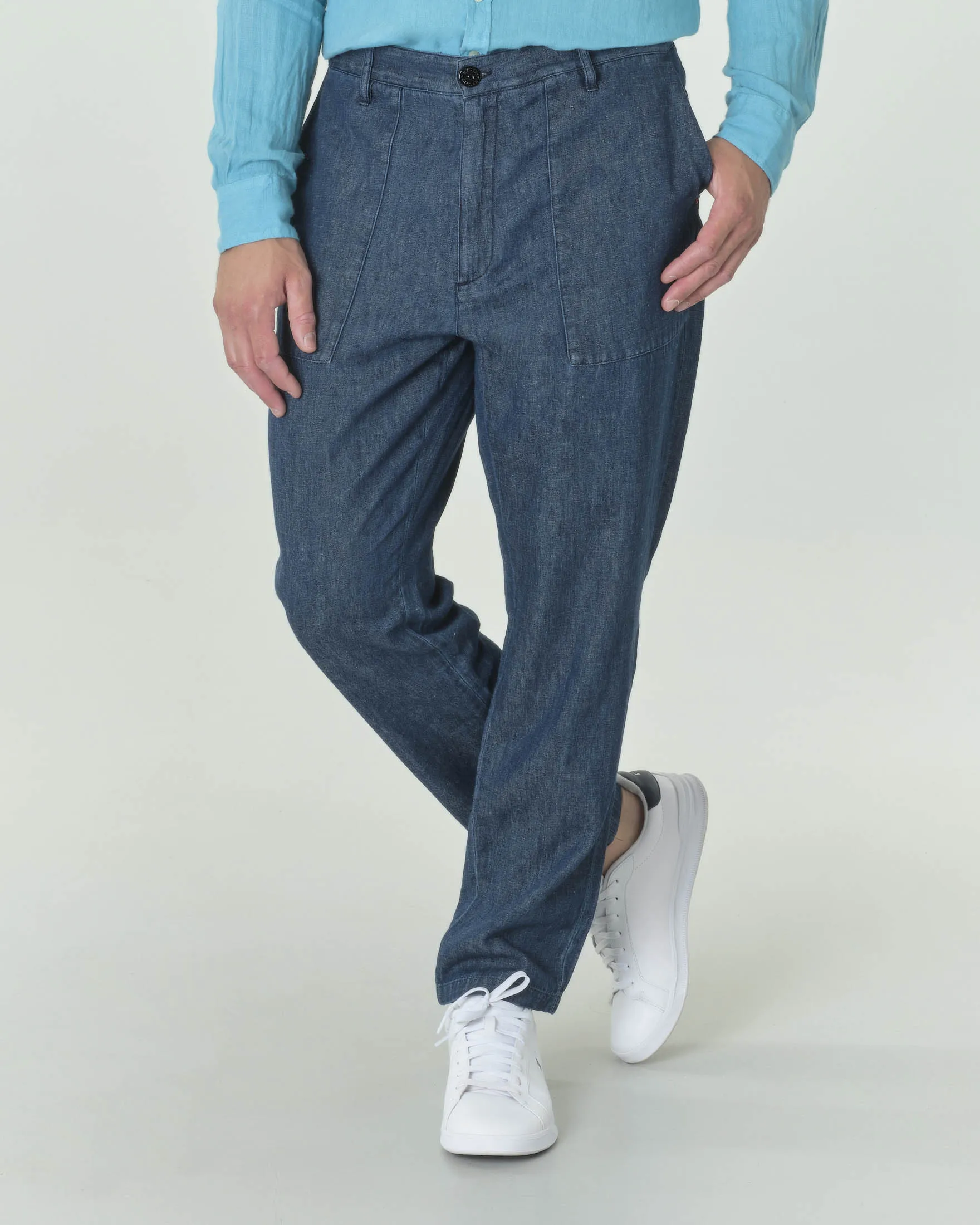 Pantalone fatigue in denim di cotone e lino