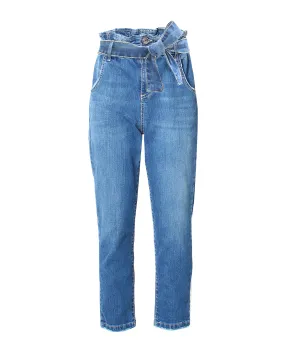 Pantalone in denim elasticizzato a vita alta con fiocco in vita 10-14 anni