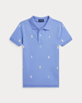 Polo azzurra in piquet di cotone a maniche corte con logo pony colorato ricamato all-over 2-5 anni