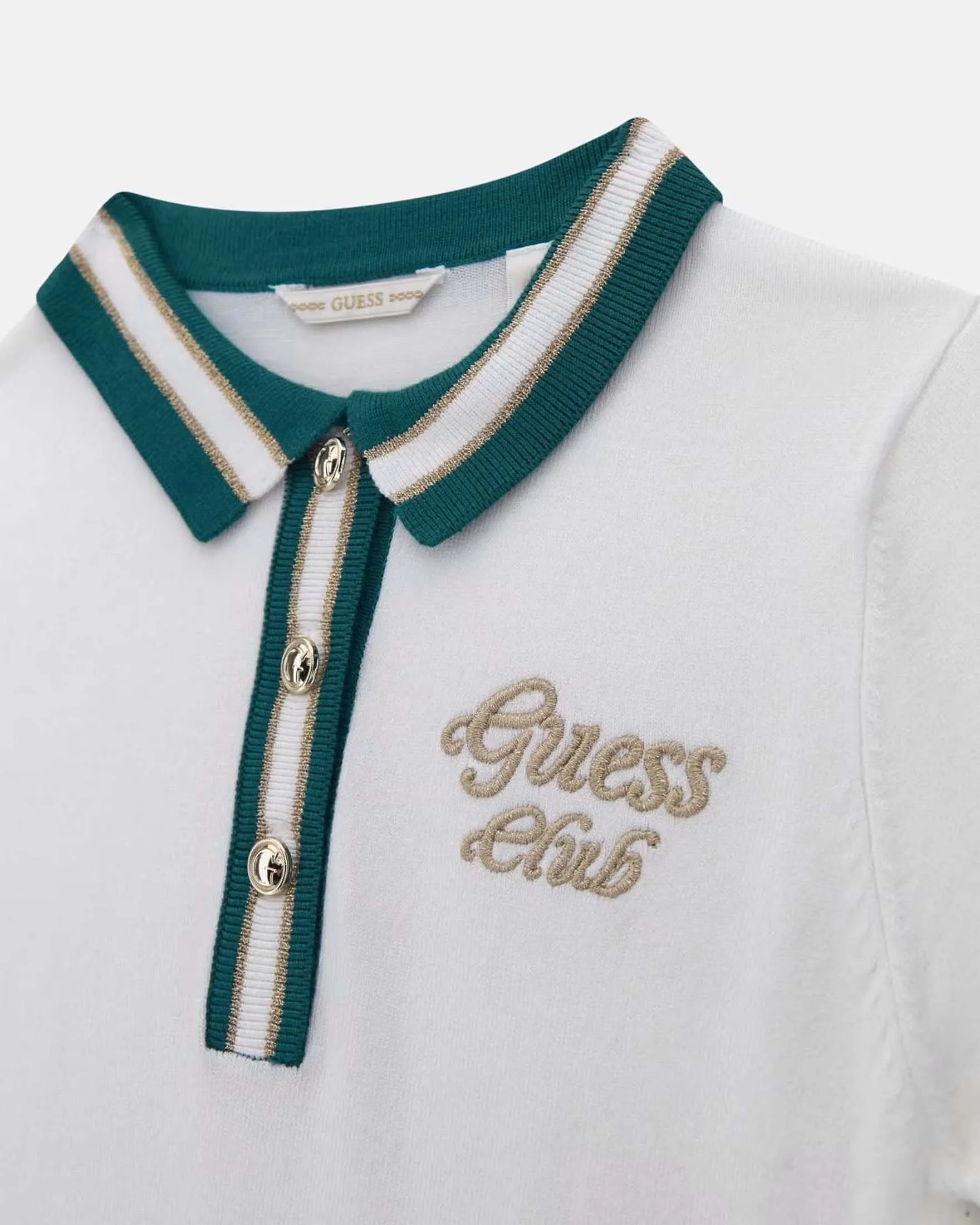 Polo bianca mezza manica in viscosa stretch con orli a righe verdi ed oro glitterate 10-16 anni