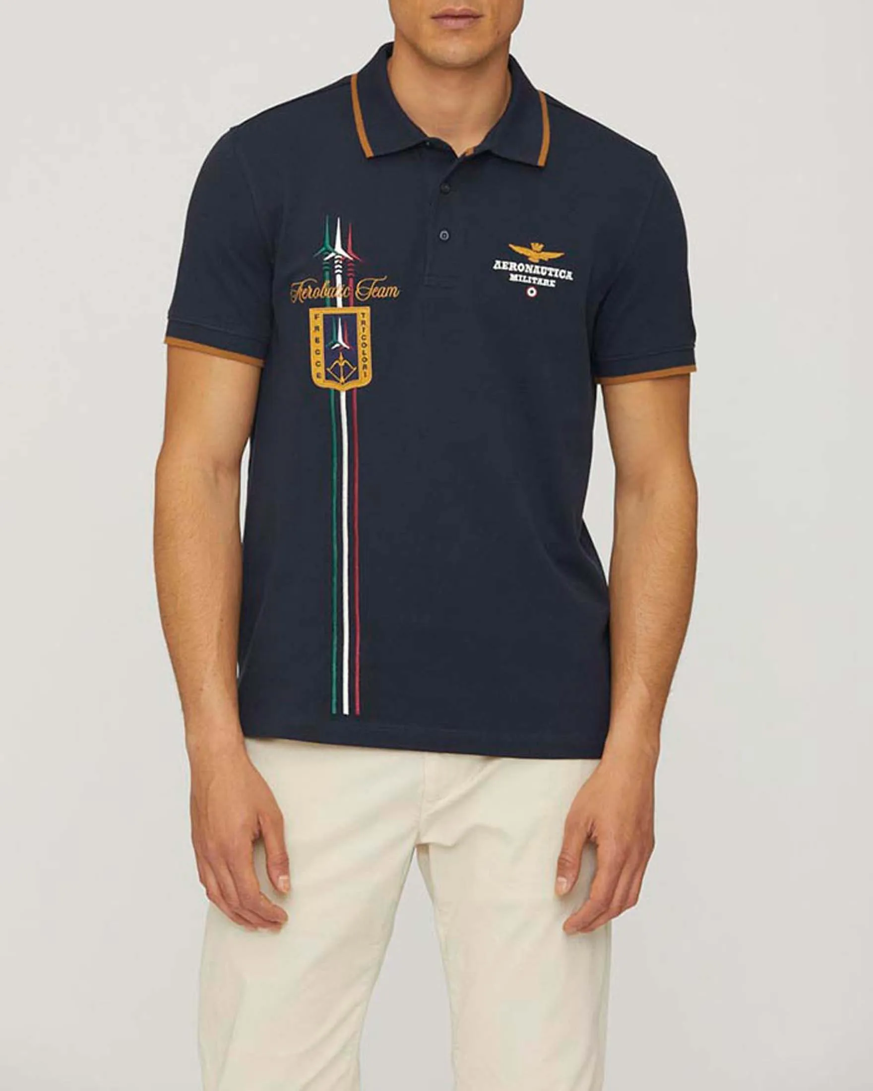 Polo blu in cotone stretch con bordino ocra e ricami Frecce Tricolori