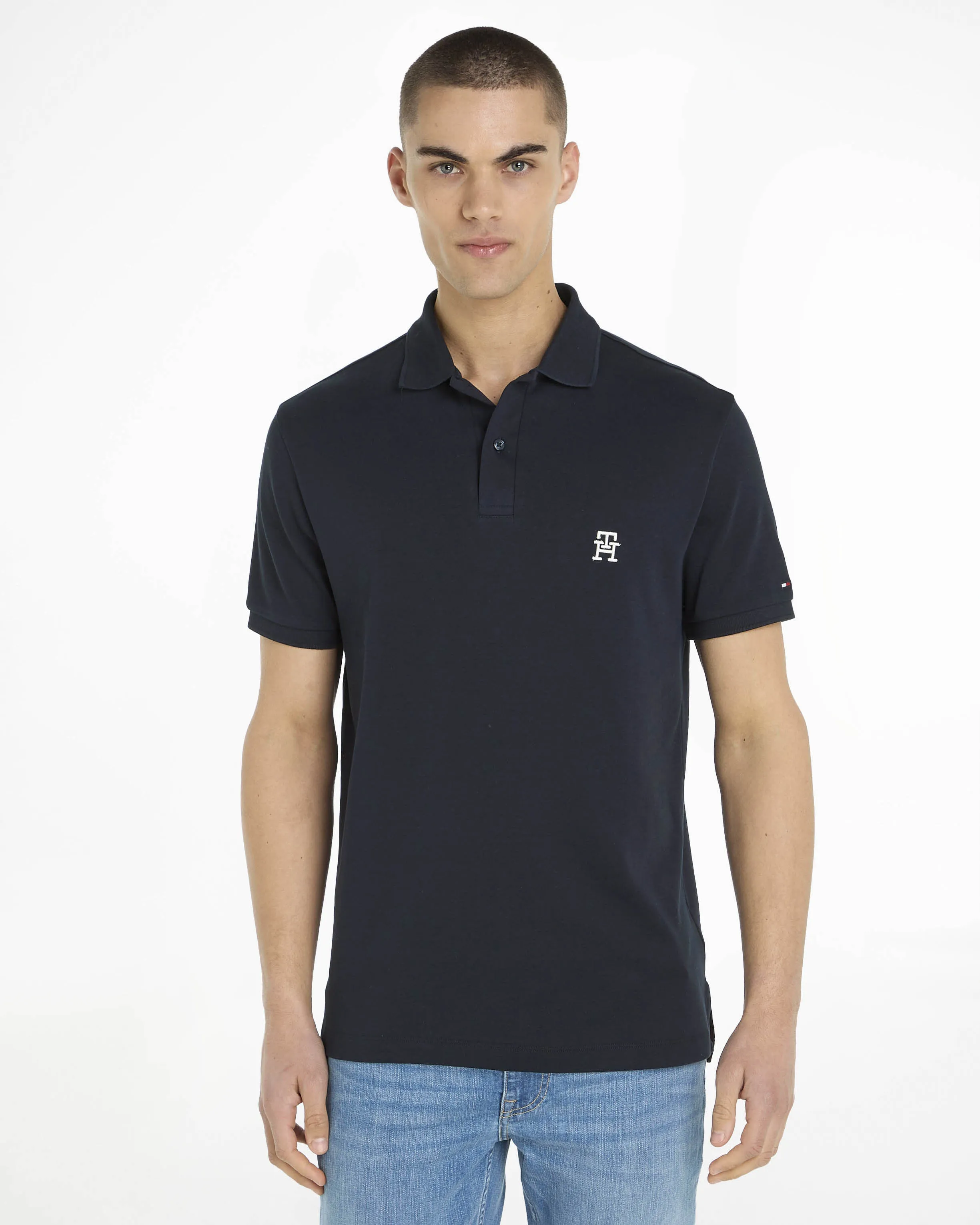 Polo blu in micro piquè di cotone con logo TH