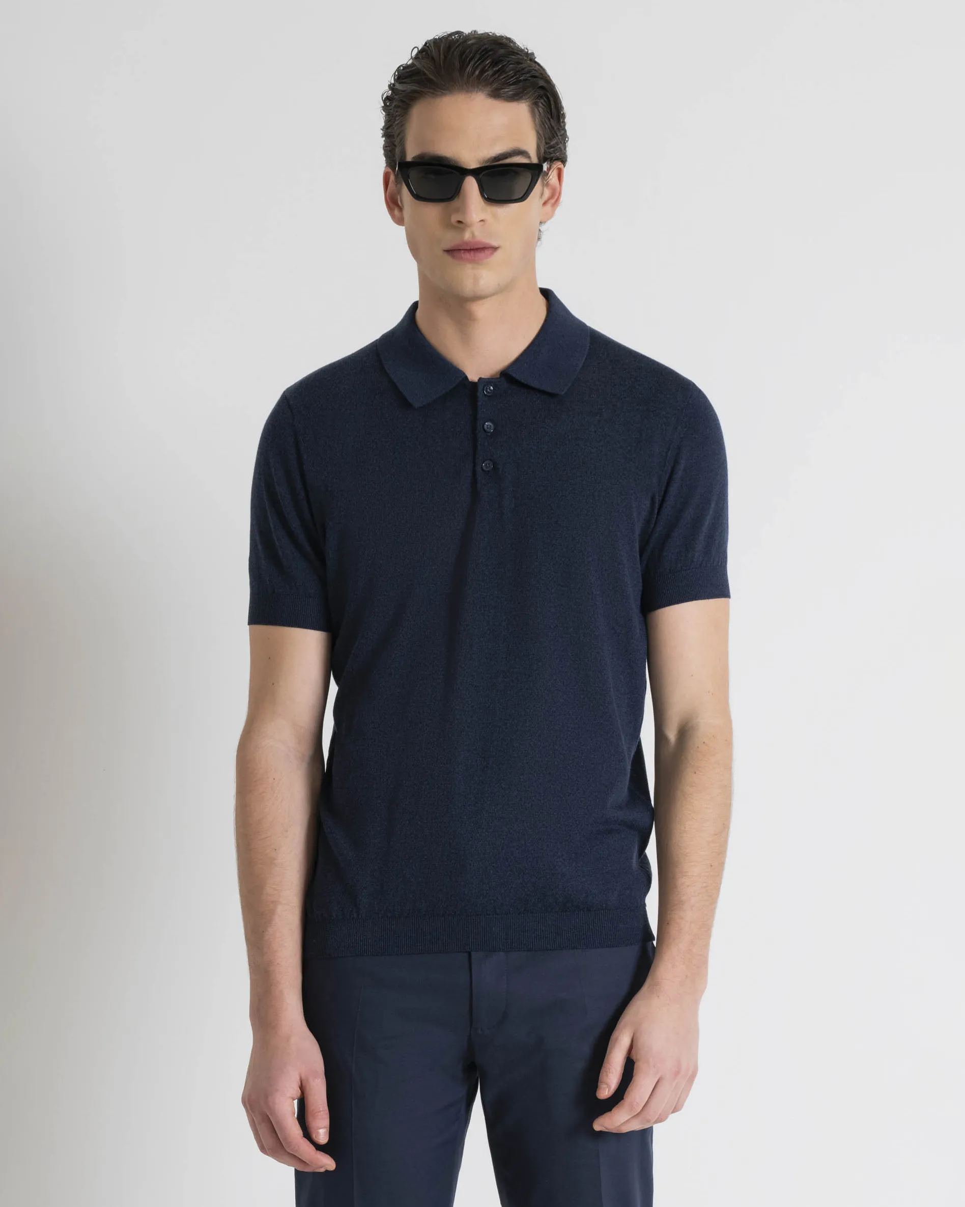 Polo blu in misto viscosa e cotone slim-fit