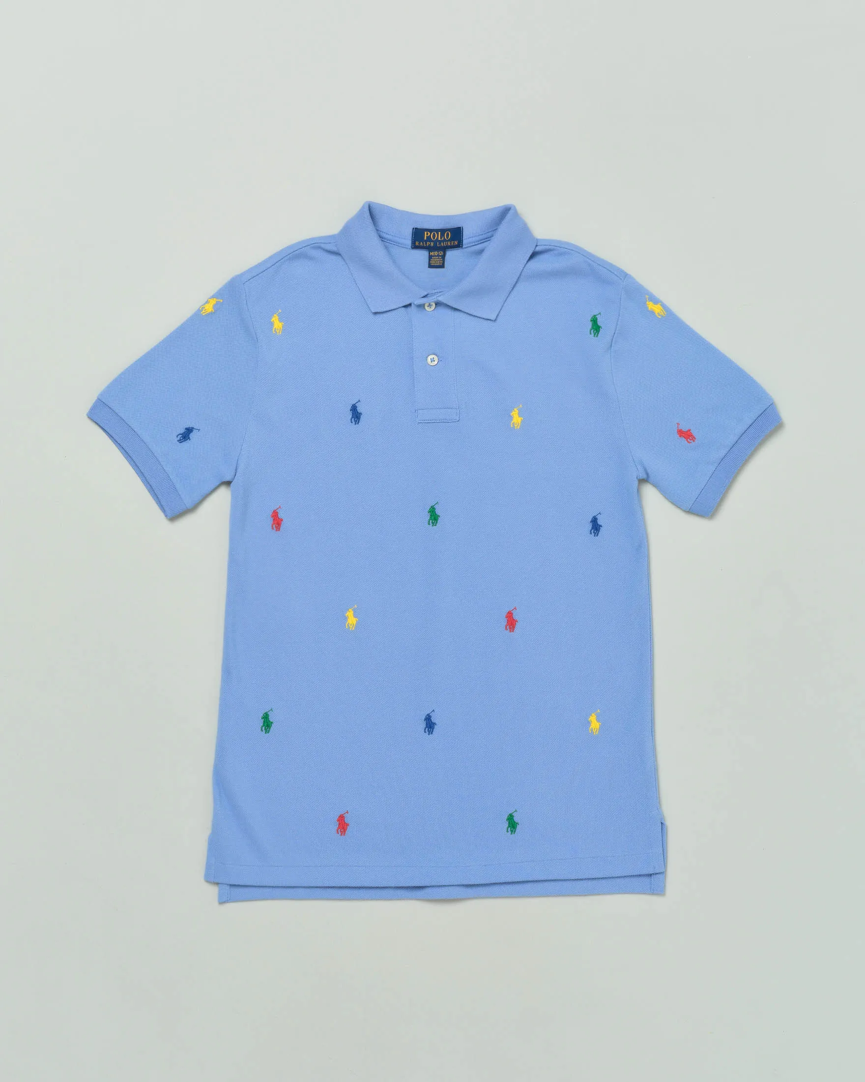 Polo celeste mezza manica in piquet di cotone con pony colorati all-over 4 anni