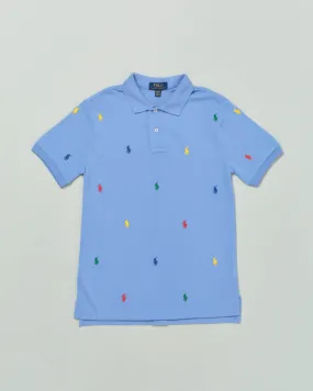 Polo celeste mezza manica in piquet di cotone con pony colorati all-over 4 anni