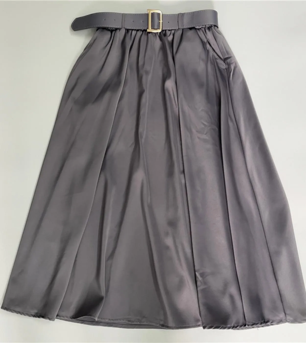 Seoulish Solid Color A Line Skirts With Belt Summer Spring 2023 Elegant Midi Length High Elastic Waist Umbrella Skirts L