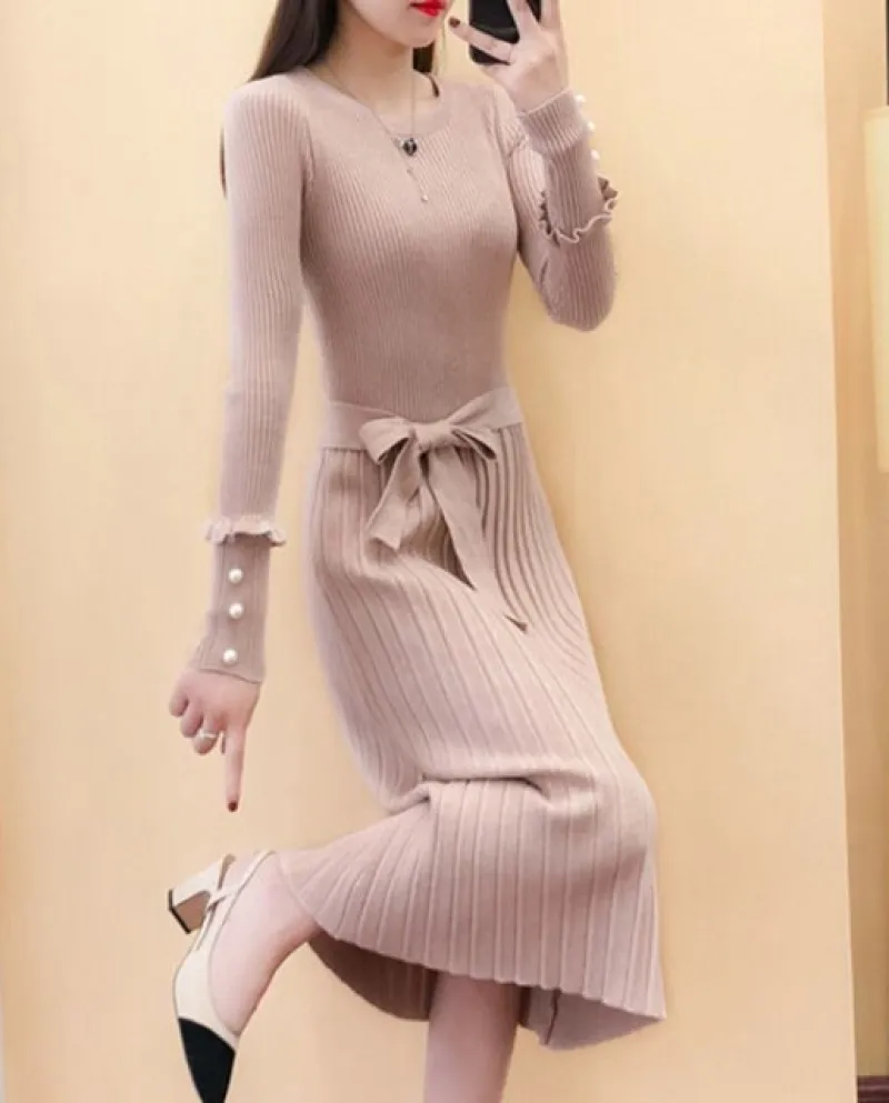 V Neck Solid Color Long Sleeve Belt Bodycon Female Maxi Dress Autumn Winter Exotic Elegant Fairy Tight Knitted Dresses 2